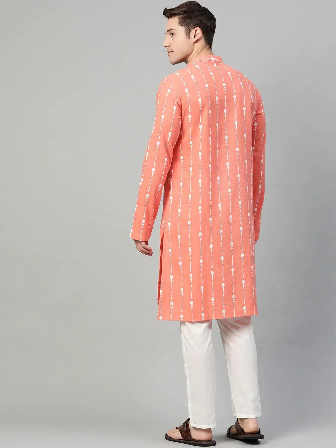 Fabmade Peach & White Printed Straight Kurta With Pyjama For Men | Grocsy