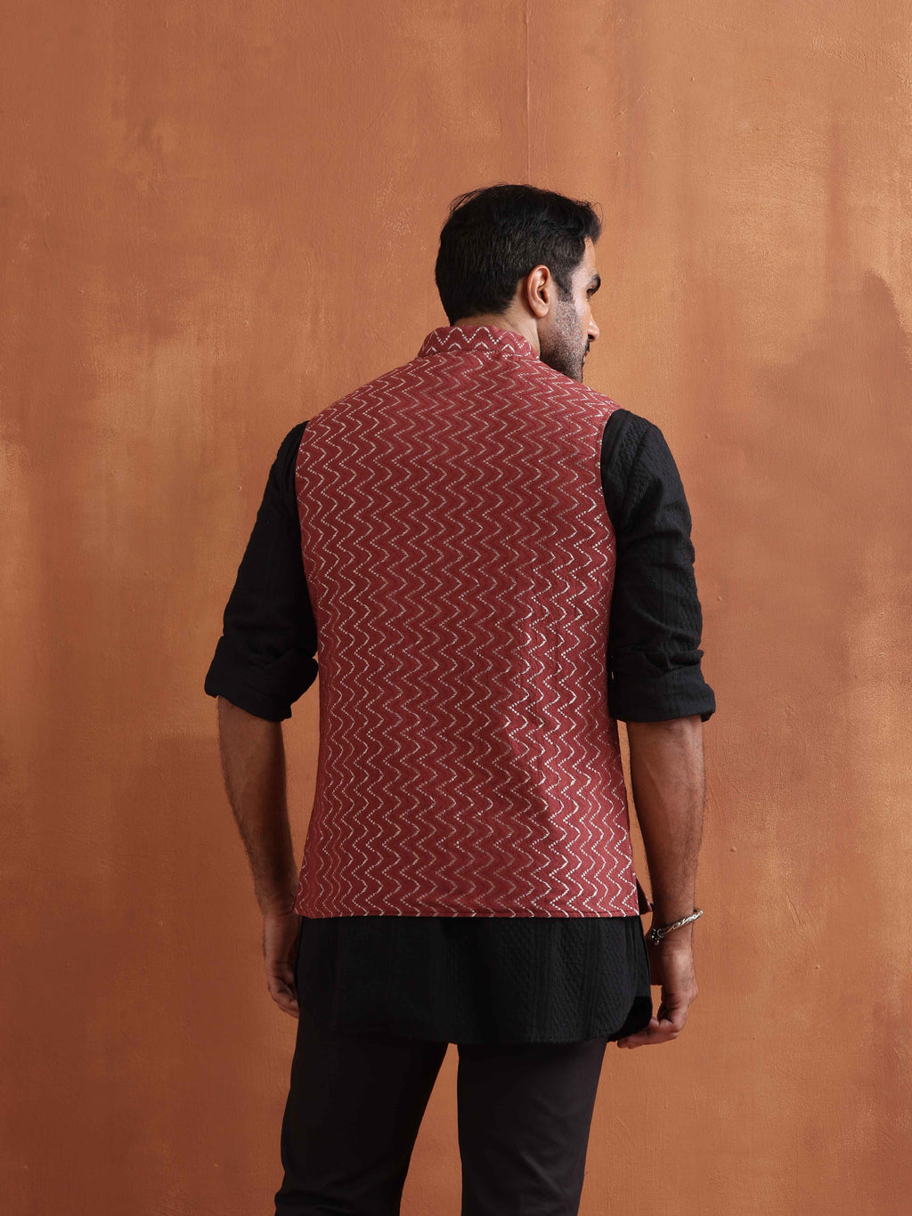 trueBrowns Men's Rust Cotton Dobby Nehru Jacket | Grocsy