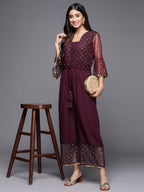 Ahalyaa Printed Bell Sleeves Crepe Basic Jumpsuit With Waist Tie-Ups | Grocsy