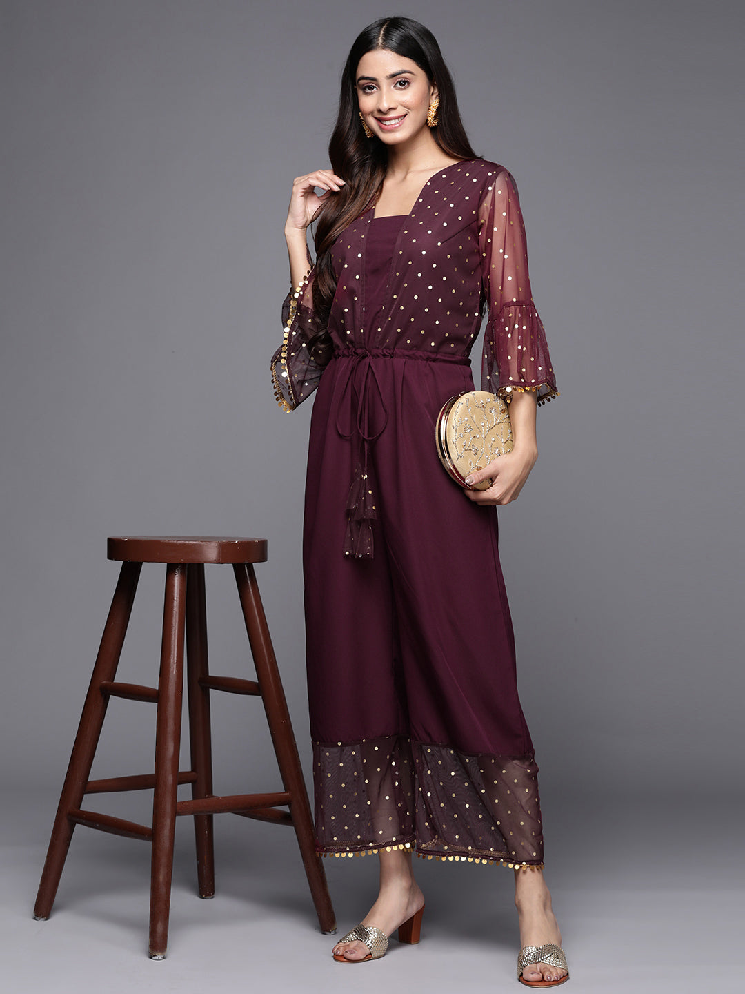 Ahalyaa Printed Bell Sleeves Crepe Basic Jumpsuit With Waist Tie-Ups | Grocsy