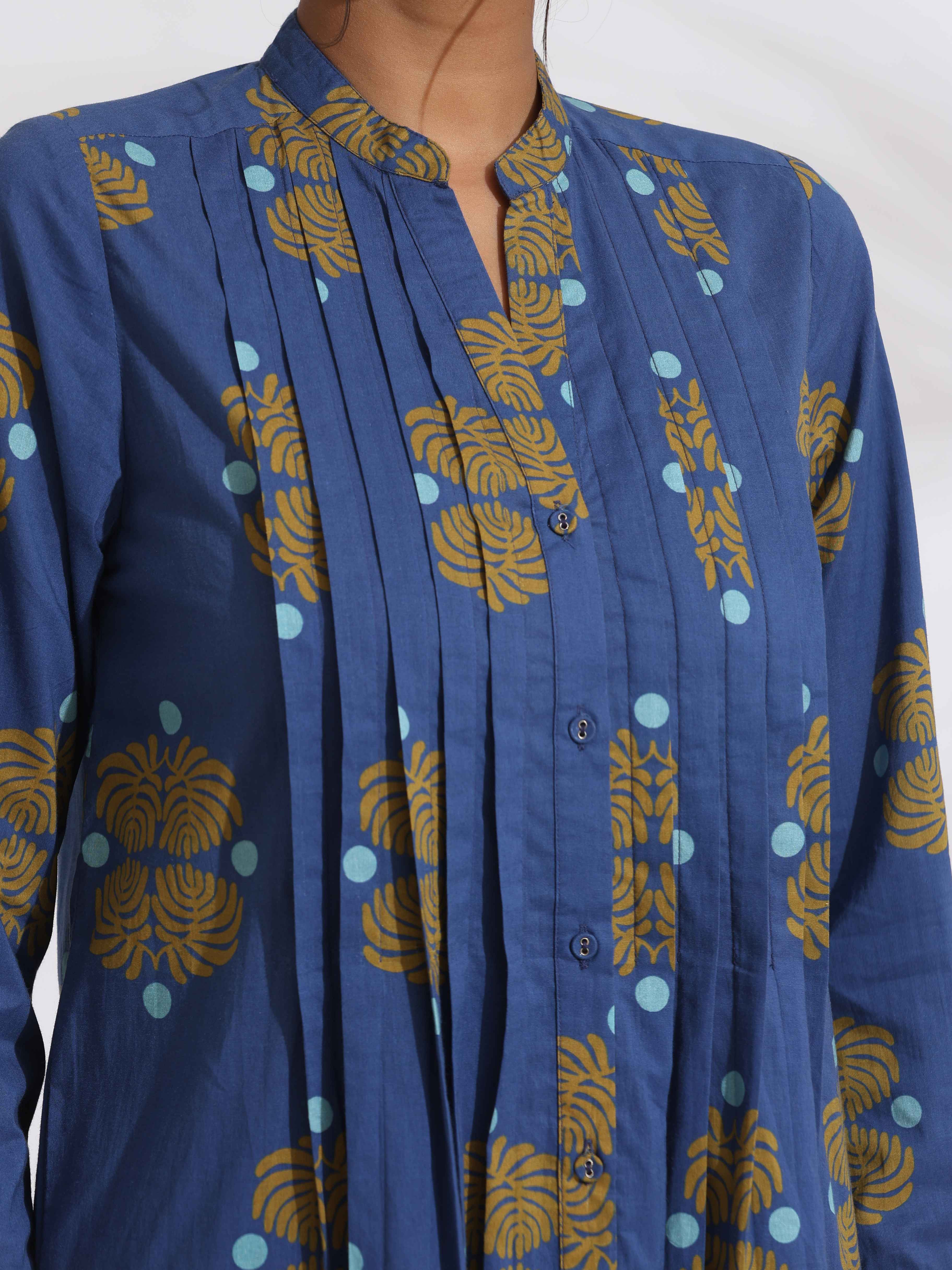 trueBrowns Blue Cotton Print Pleated Kurta Set | Grocsy