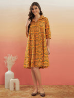 InWeave Women's Haldi Yellow Mughal Kalamkari Flared Dress | Grocsy