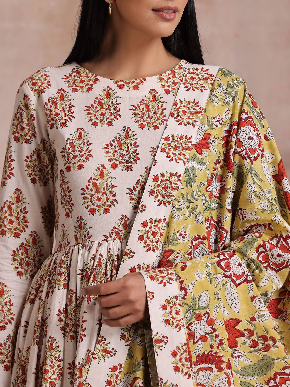 trueBrowns White With Red Yellow Buta Block Print Cotton Kurta Pant Dupatta Set | Grocsy