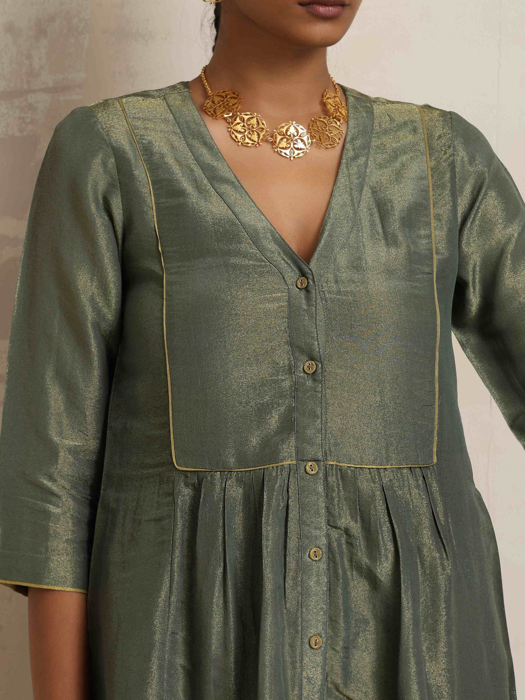 trueBrowns Green Tissue A-line Kurta Set | Grocsy