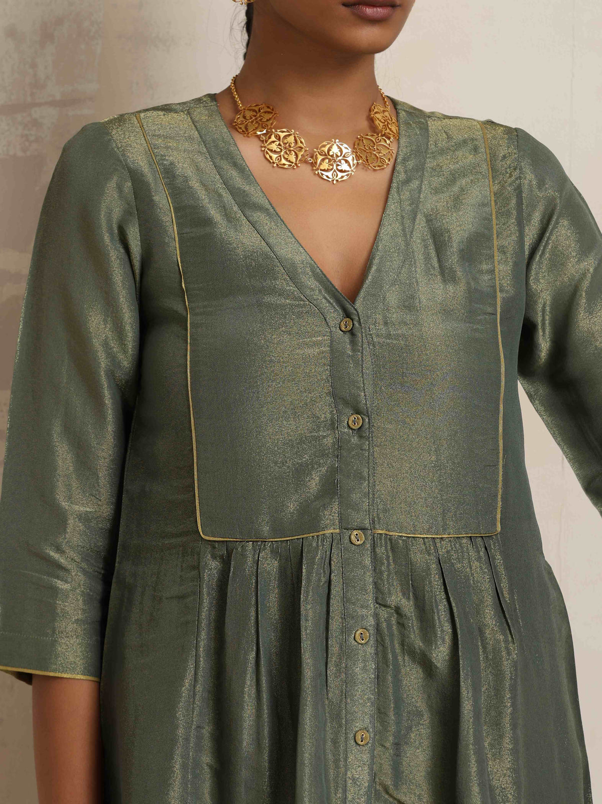 trueBrowns Green Tissue A-line Kurta Set | Grocsy
