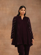 trueBrowns Wine Velvet Sleeve Embroidered Co-ord Set | Grocsy