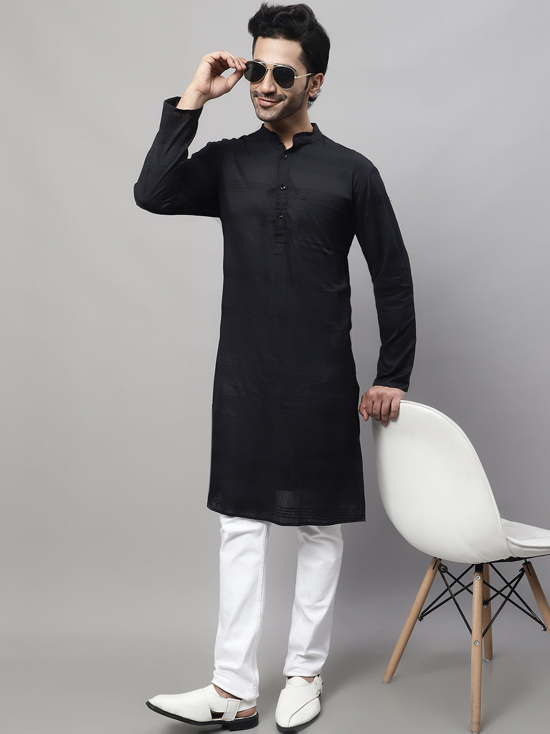 Even Apparels Black Pure Cotton Kurta With Band Collar | Grocsy