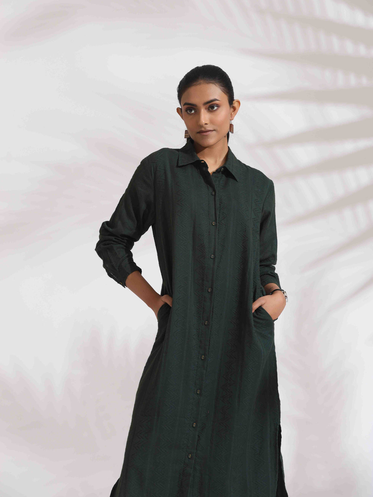 trueBrowns Green Cotton Shirt Dress | Grocsy