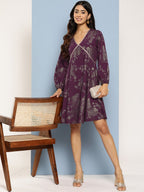 Ahalyaa Floral Print Puff Sleeves Empire Crepe Ethnic Dress | Grocsy