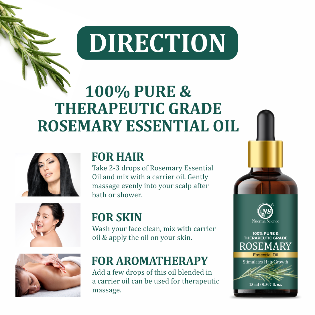 Nuerma Science Rosemary Essential Oil | For Natural Skin Glow & Hair Growth | Grocsy