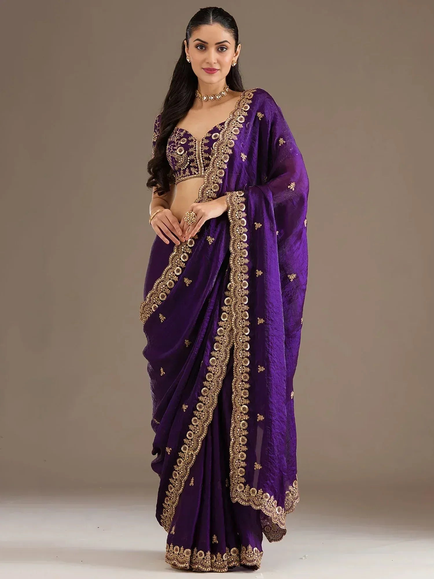 Tulsi Art Beautiful Purple Zari Embroidered Silk Party Wear Saree With Blouse | Grocsy