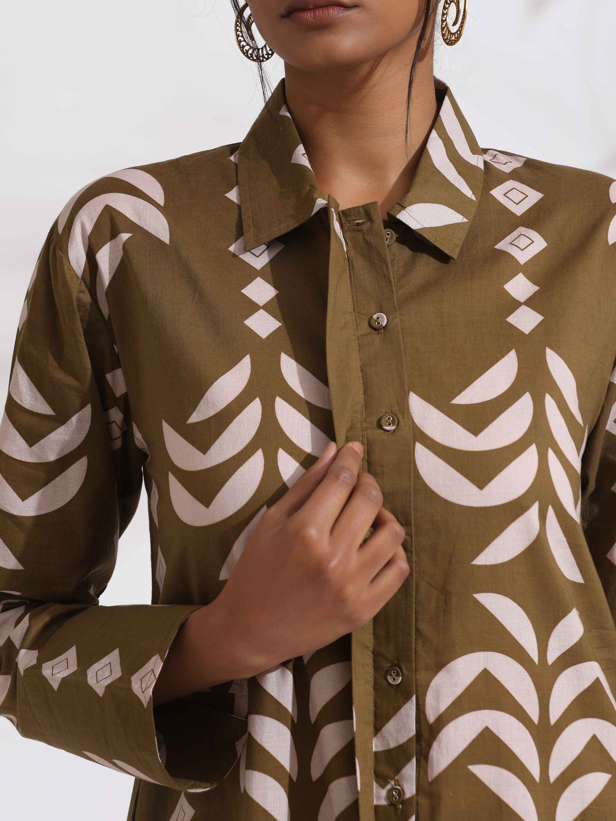 trueBrowns Olive Green Cotton Stripe Print Shirt Kurta Set | Grocsy