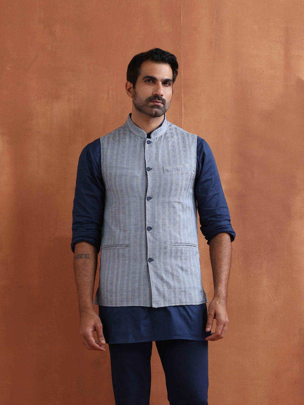 trueBrowns Men's Blue Chanderi Reversible Nehru Jacket | Grocsy