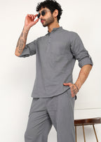 Fabmade Slate Grey Linen Short Kurta Co-Ord Set | Grocsy