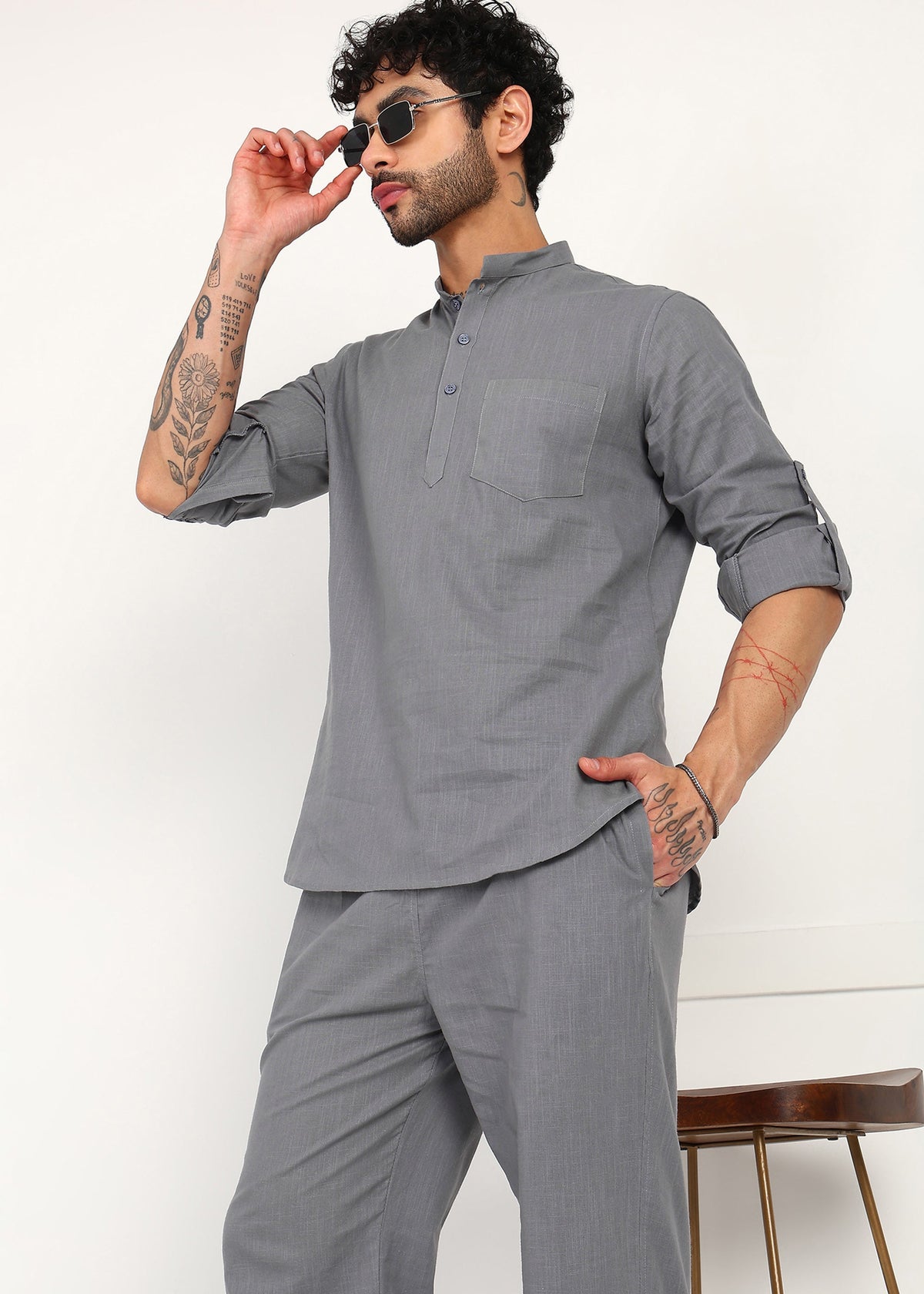 Fabmade Slate Grey Linen Short Kurta Co-Ord Set | Grocsy