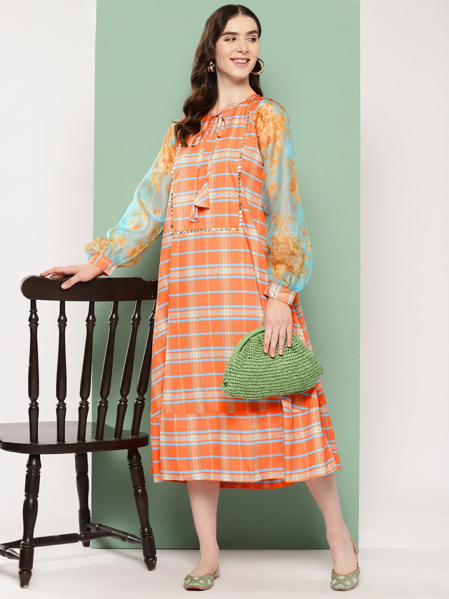 Ahalyaa Checked Tie-Up Neck Sequined Ethnic A-Line Midi Dress | Grocsy
