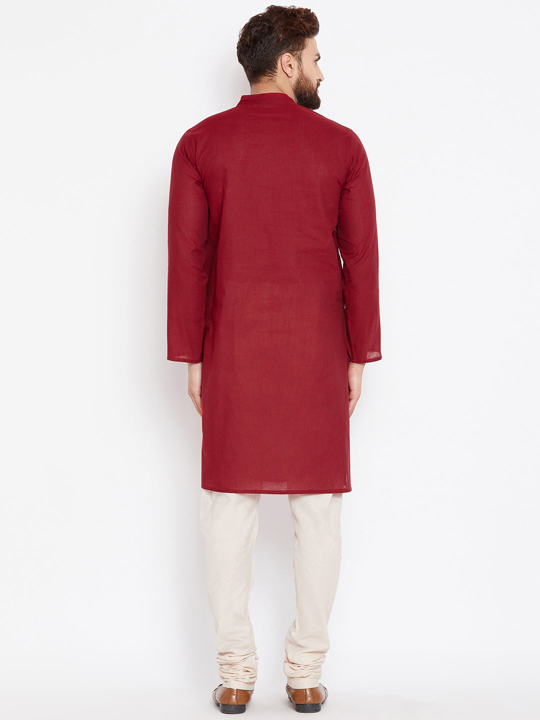 Even Apparels Maroon Pure Cotton Kurta With Band Collar | Grocsy