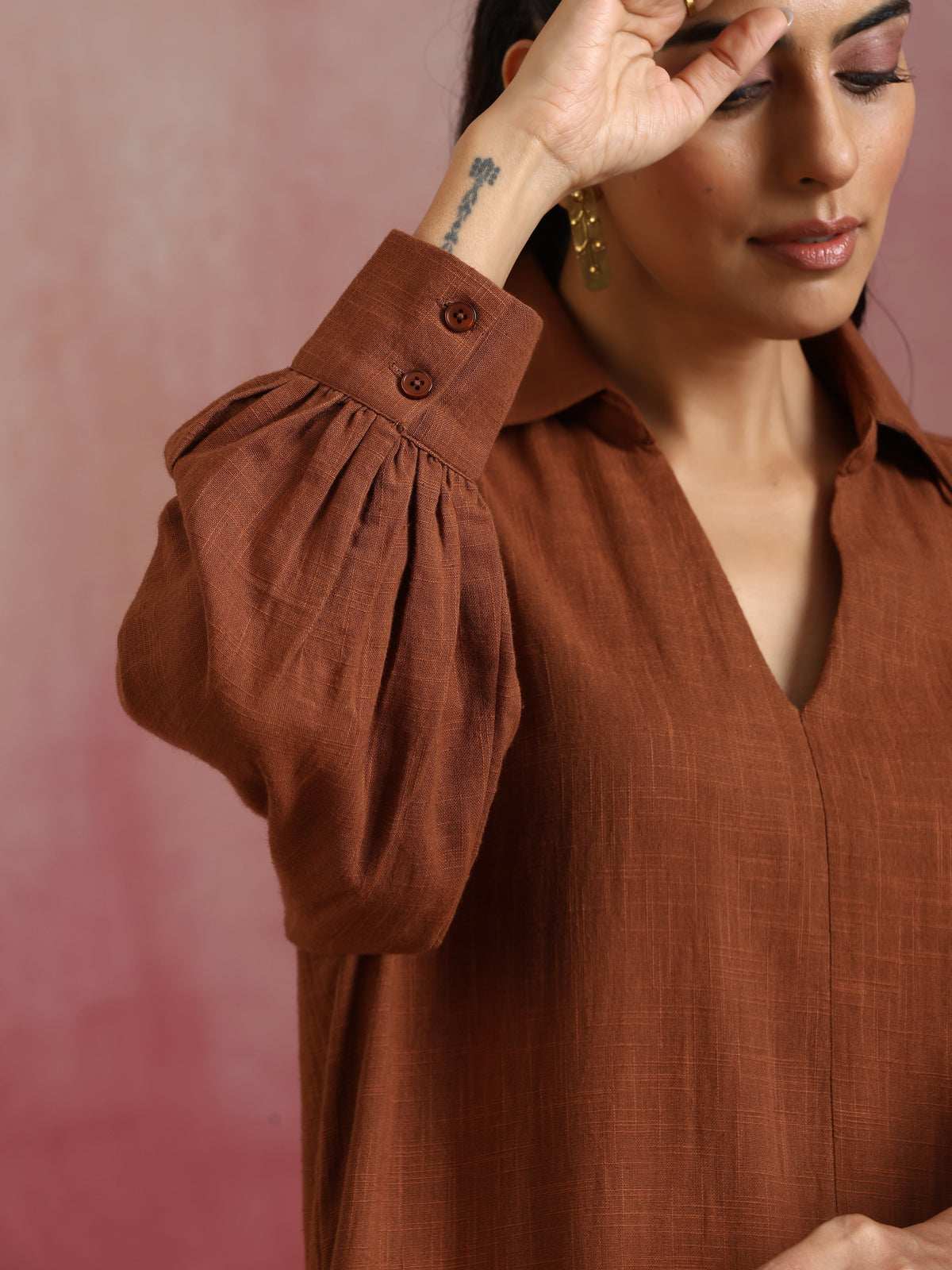 trueBrowns Brown Cotton Dobby Dress | Grocsy