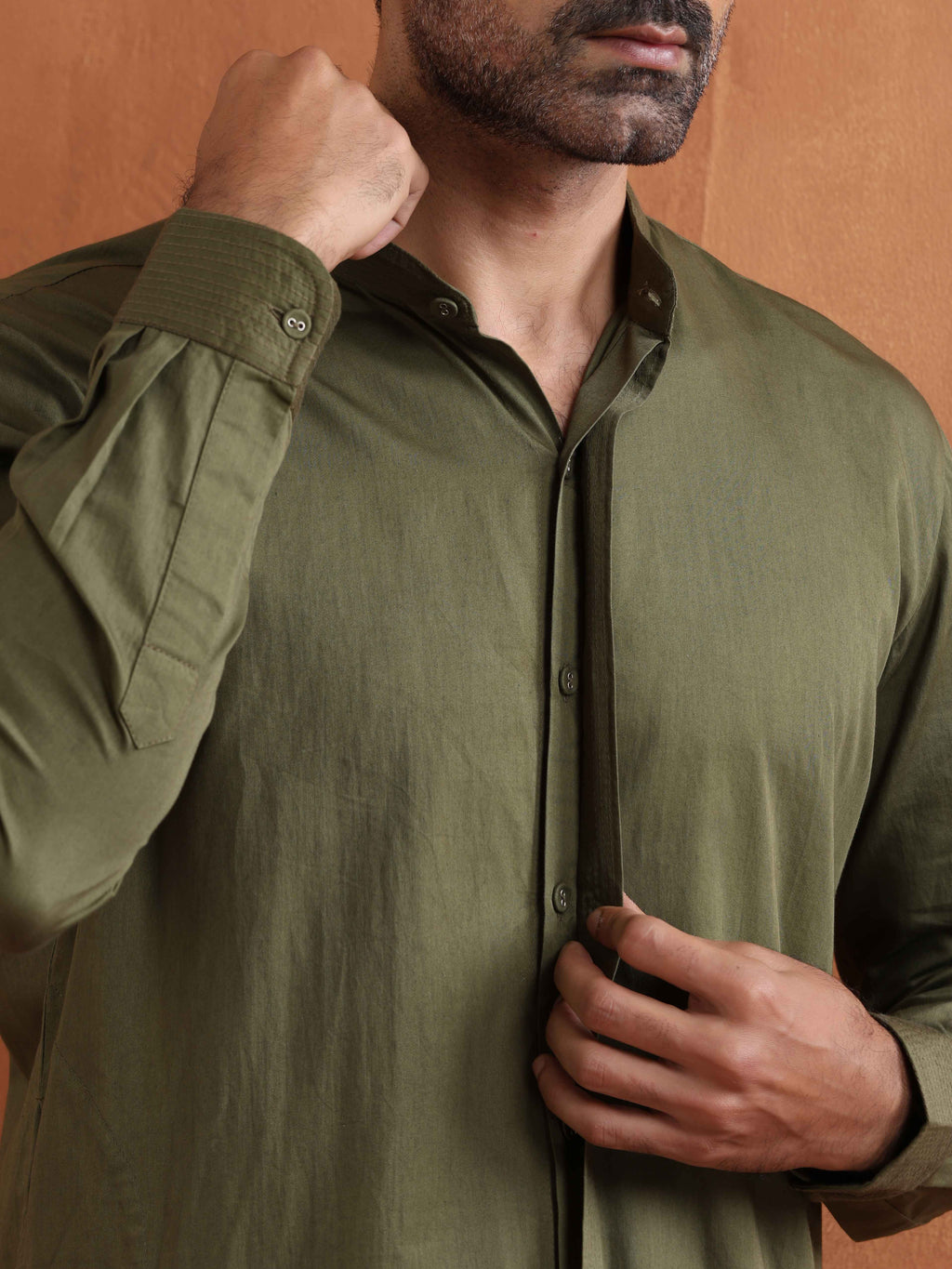 trueBrowns Men's Olive Green Cotton Front Open Kurta | Grocsy