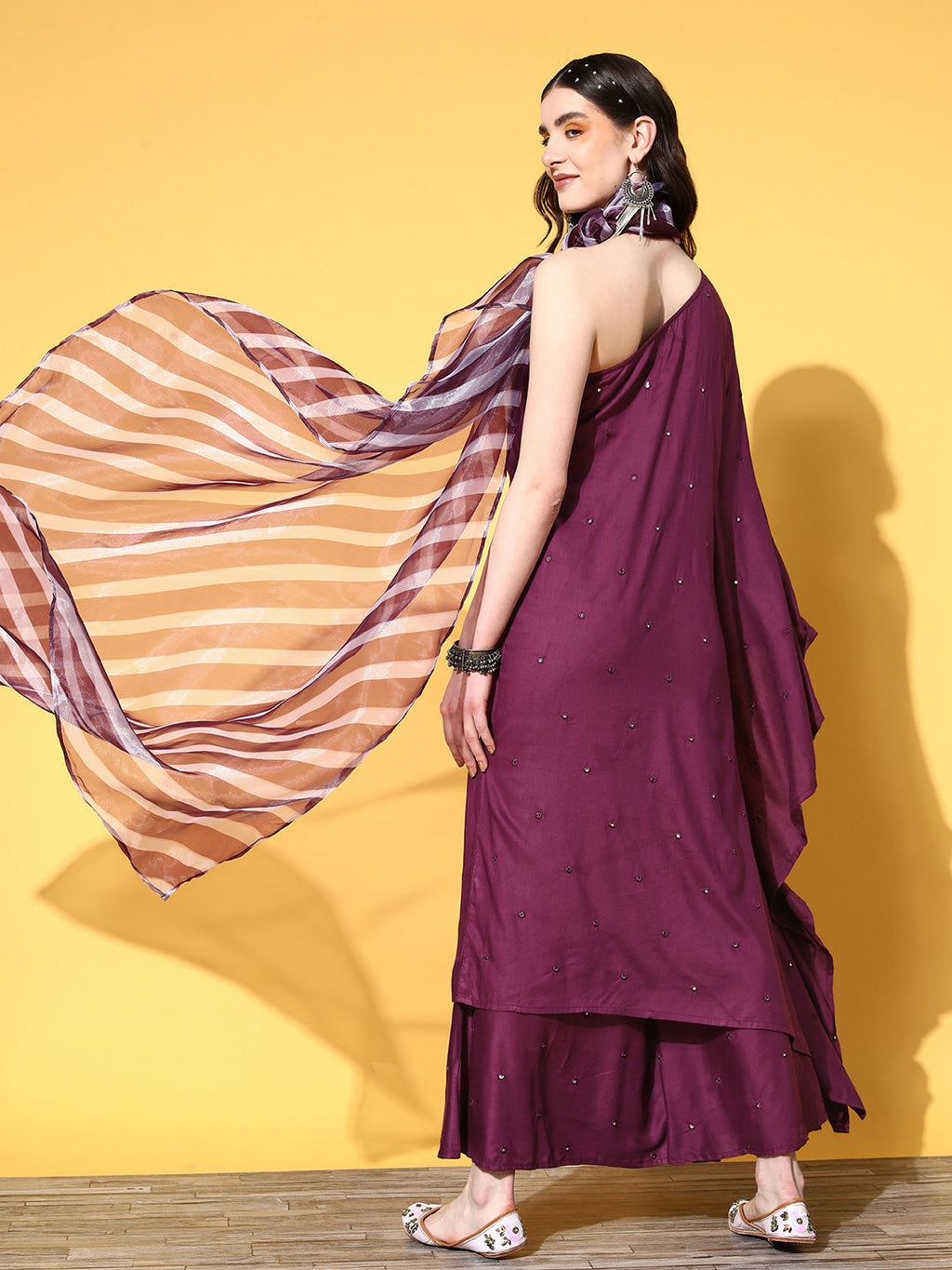 InWeave Women's Wine Mirror Work One Shoulder Kurta Set With Dupatta | Grocsy