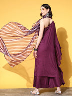 InWeave Women's Wine Mirror Work One Shoulder Kurta Set With Dupatta | Grocsy