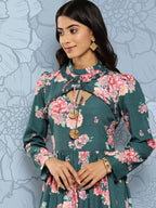 Ahalyaa Floral Print Puff Sleeves Tie-Up Neck Crepe Ethnic Gown With Cut-Out Detail | Grocsy