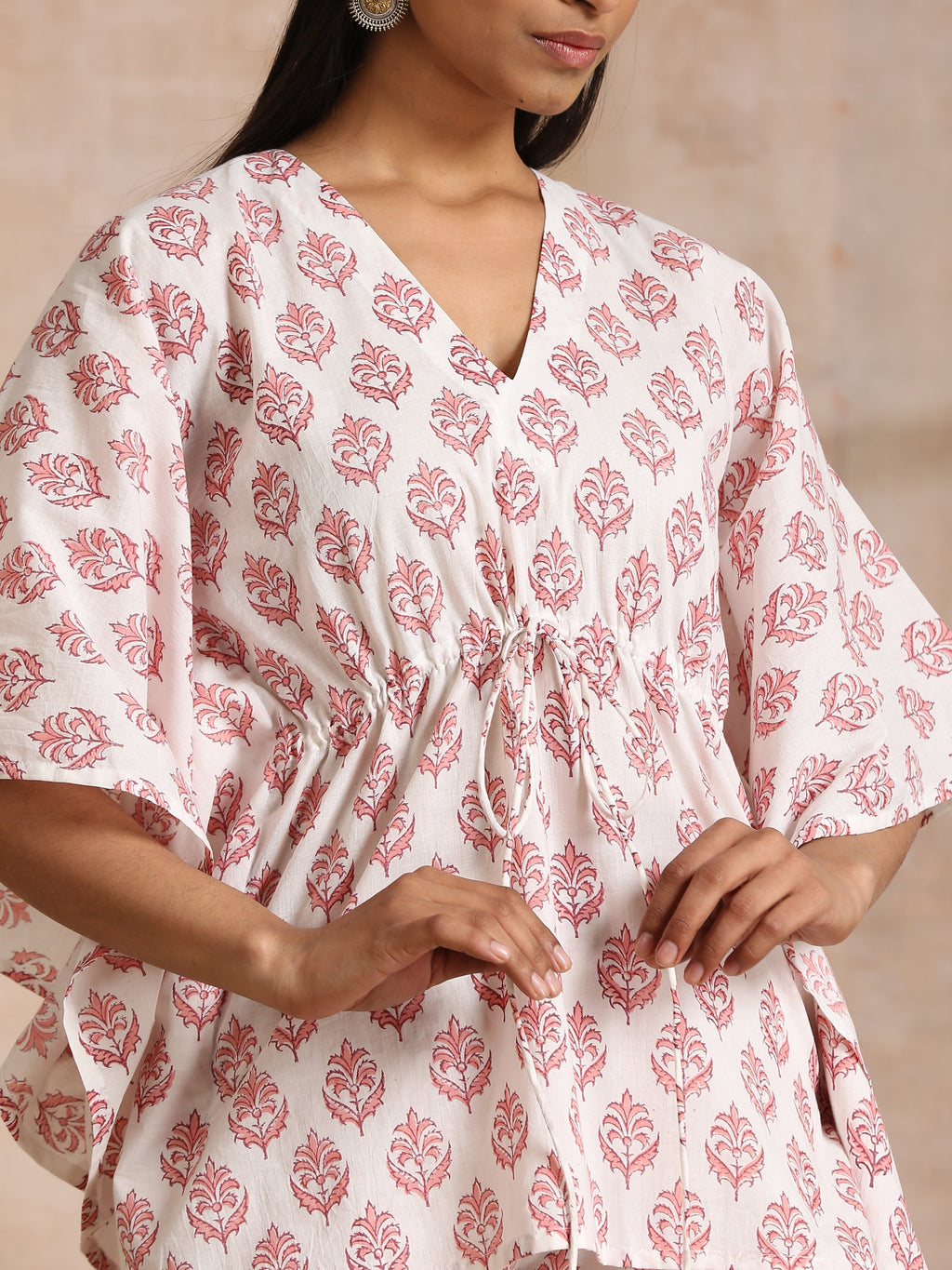 trueBrowns Pink Buta On White Block Print Cotton Kaftan Co-Ord Set | Grocsy