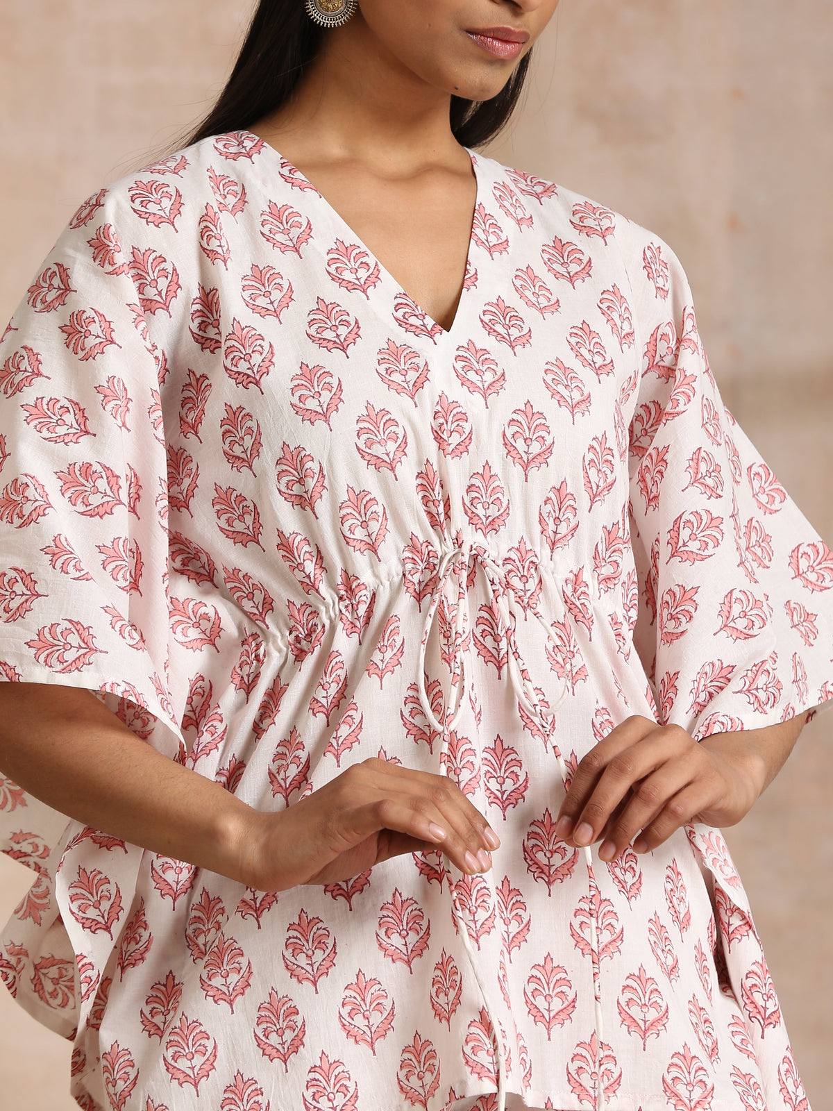 trueBrowns Pink Buta On White Block Print Cotton Kaftan Co-Ord Set | Grocsy