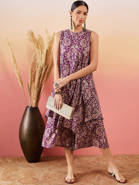 InWeave Dusty Mauve Paisley Round Neck Kurta Short Palazzo Set | Grocsy
