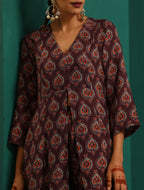 trueBrowns Deep Purple Paan Muslin Silk Printed Front Slit Kurta Pant Set | Grocsy