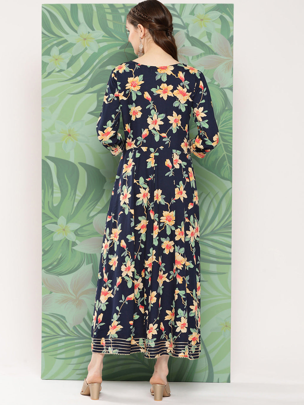 InWeave Women's Black Tropical Print Gota Long Dress | Grocsy