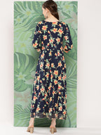 InWeave Women's Black Tropical Print Gota Long Dress | Grocsy