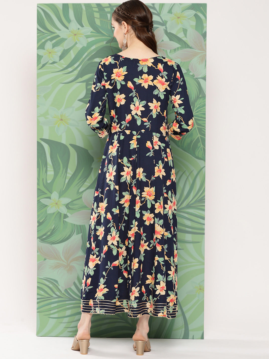 InWeave Women's Black Tropical Print Gota Long Dress | Grocsy