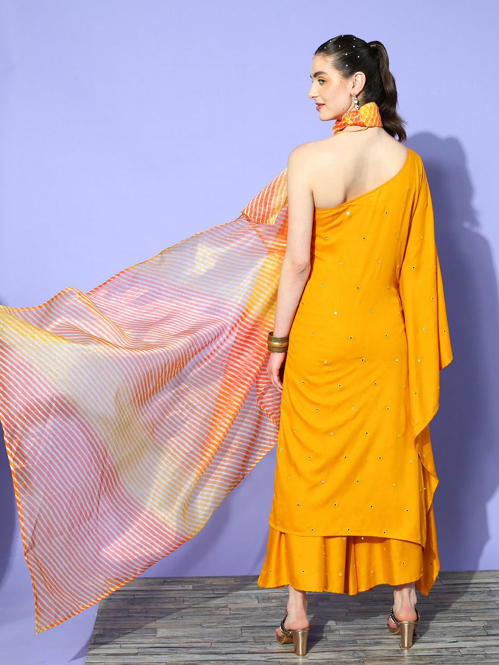 InWeave Women's Mustard Mirror Work One Shoulder Kurta Set With Dupatta | Grocsy