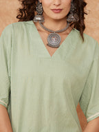 InWeave Women's Sage Green Kantha Lace Wrok Kimono Sleeve Kurta Set | Grocsy
