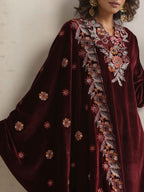 trueBrowns Maroon Velvet Floral Embroidered Kurta Pant Dupatta Set | Grocsy