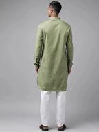 Fabmade Pure Cotton Olive Green Printed Pathani Kurta Pyjama | Grocsy