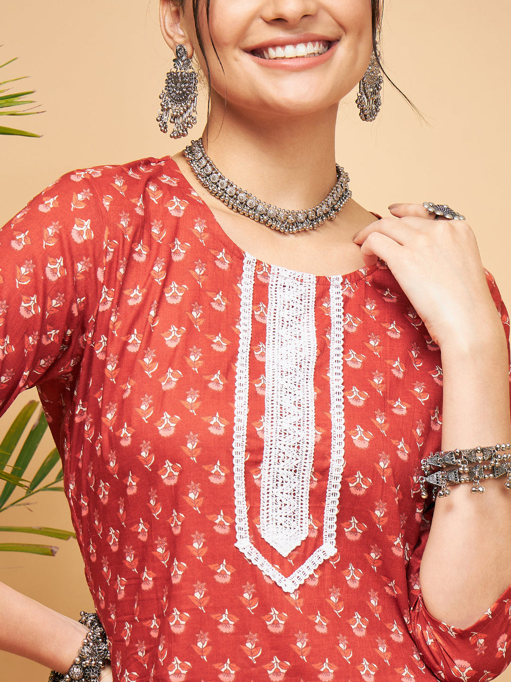 InWeave Women's Rust Small Floral Print Lace Straight Kurta | Grocsy