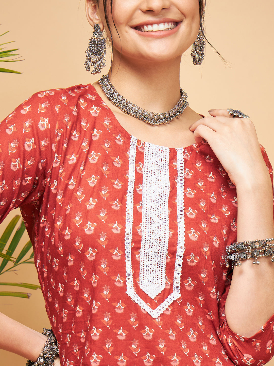 InWeave Women's Rust Small Floral Print Lace Straight Kurta | Grocsy