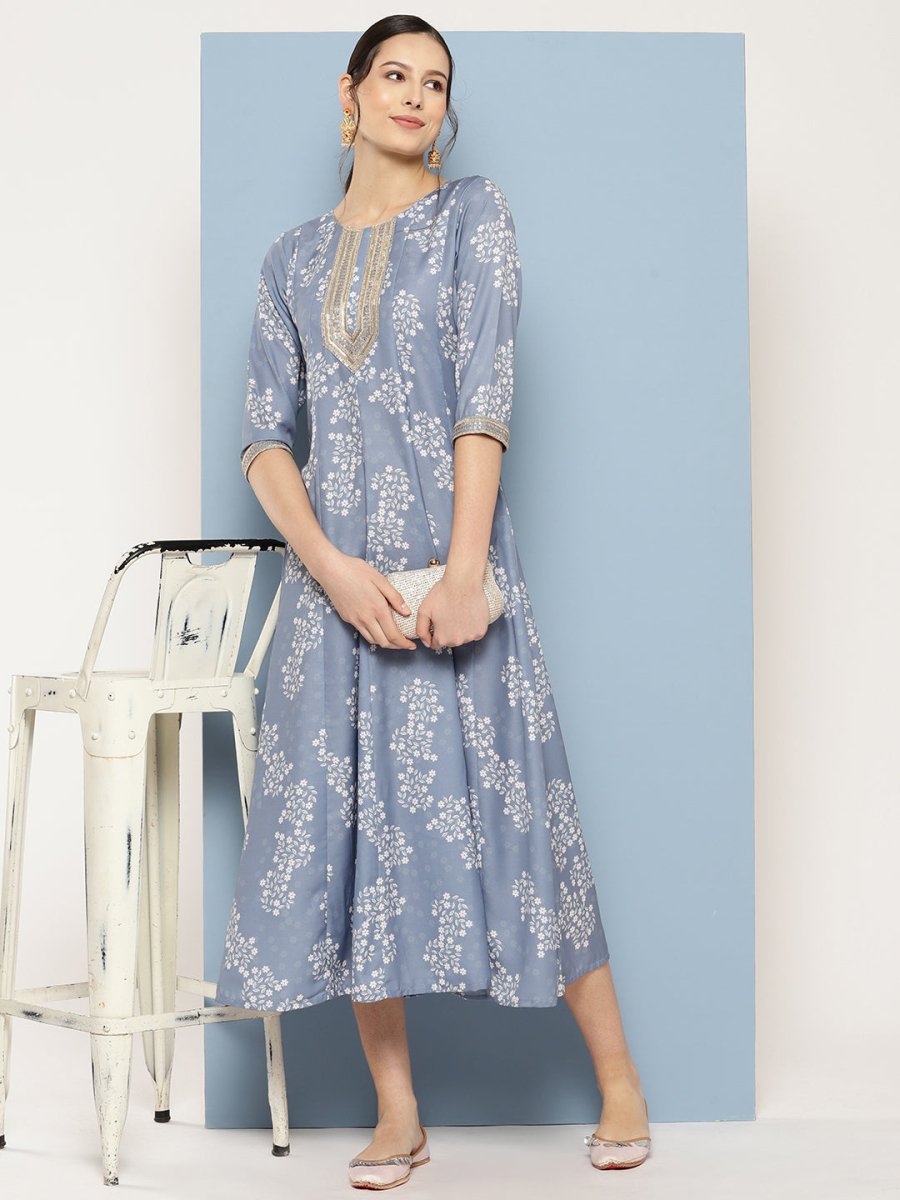 Ahalyaa Floral Printed Midi A-Line Ethnic Dress | Grocsy