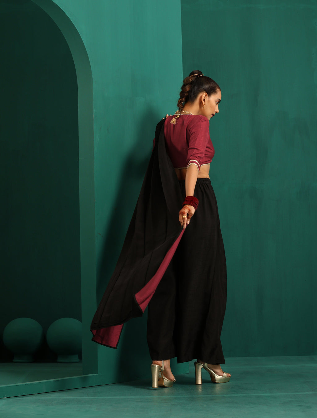 trueBrowns Black Silk Palazzo Stitched Saree | Grocsy