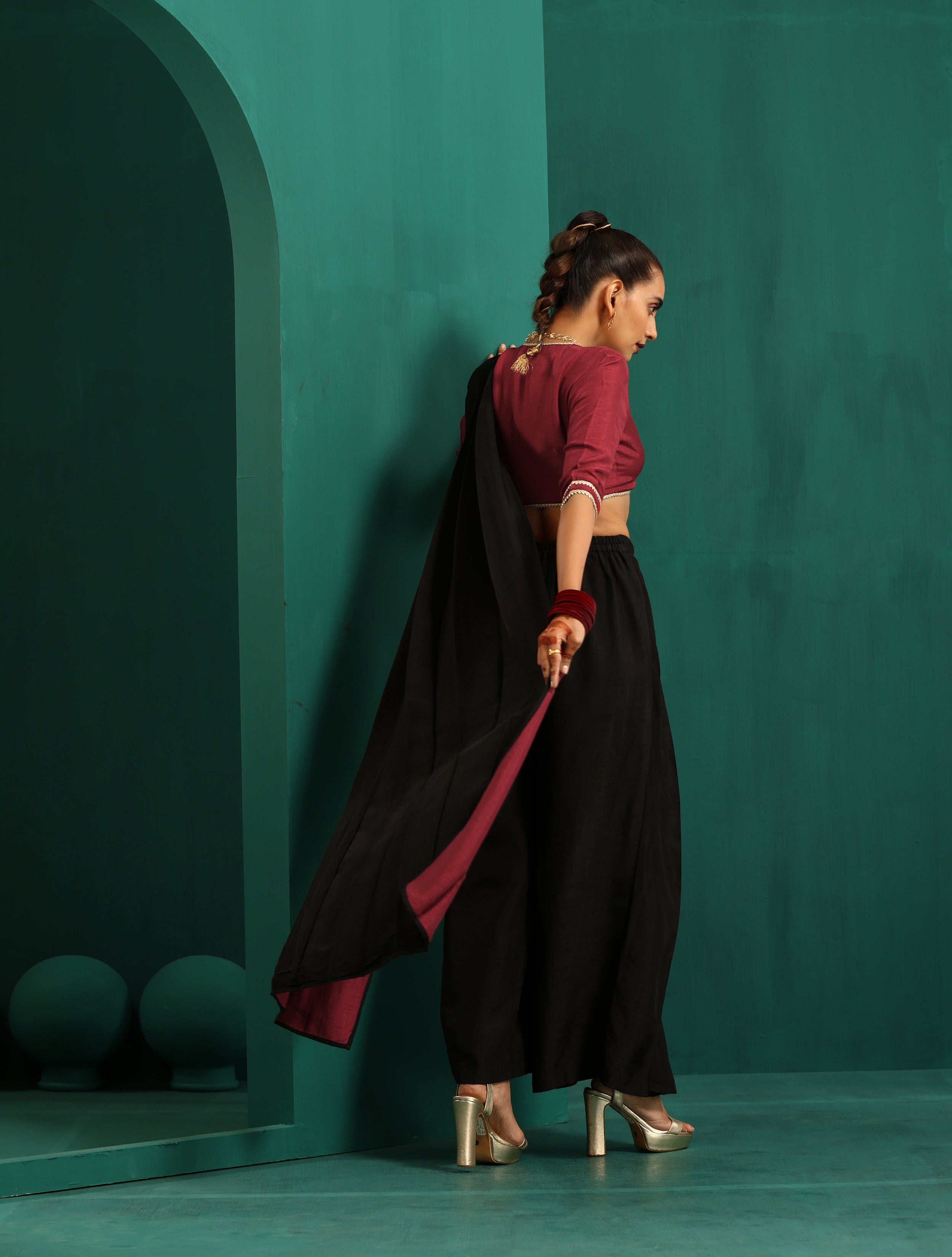 trueBrowns Black Silk Palazzo Stitched Saree | Grocsy