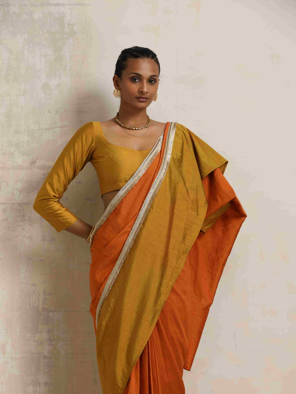 trueBrowns Orange Silk Ready To Wear Saree | Grocsy