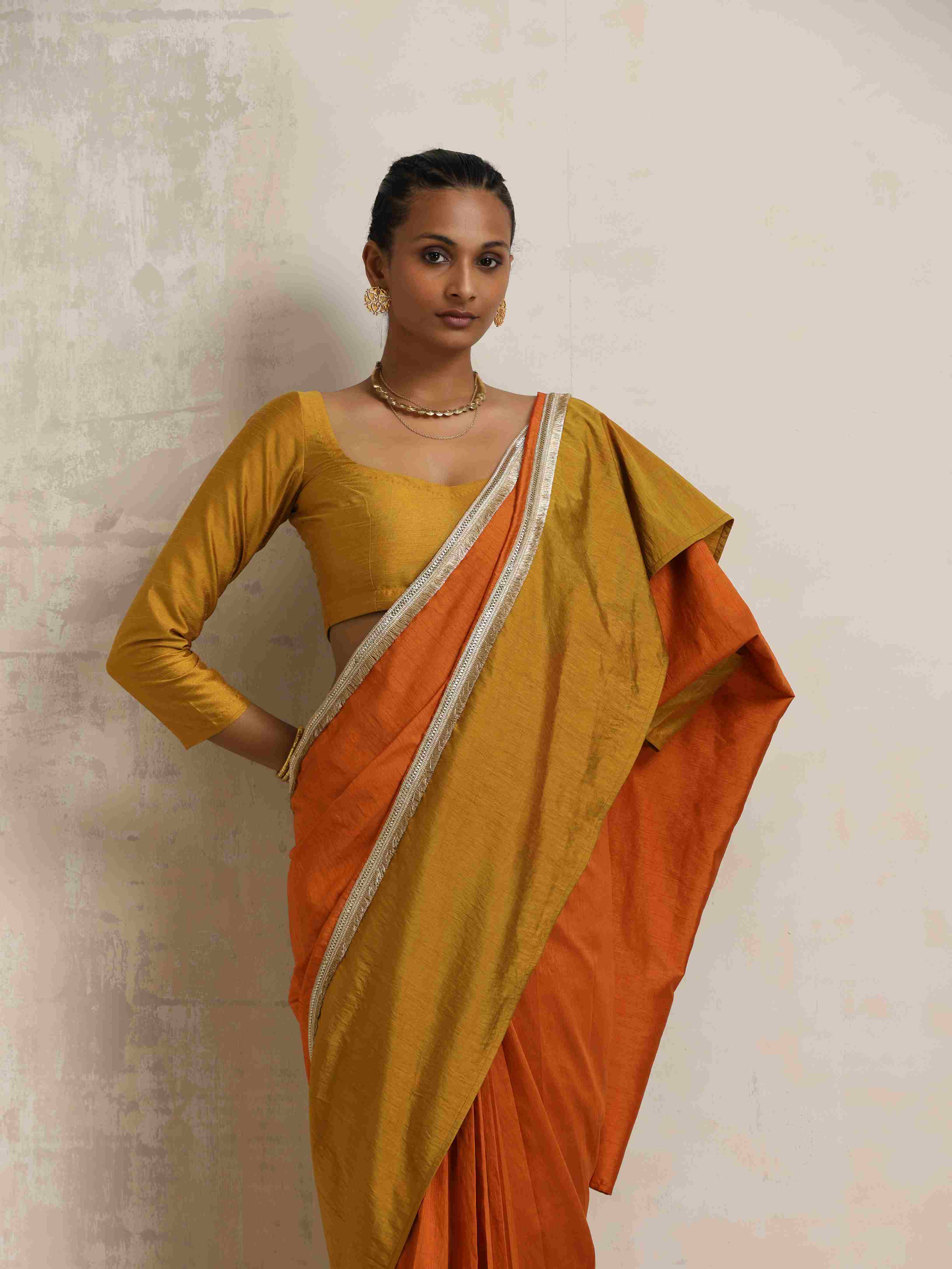 trueBrowns Orange Silk Ready To Wear Saree | Grocsy