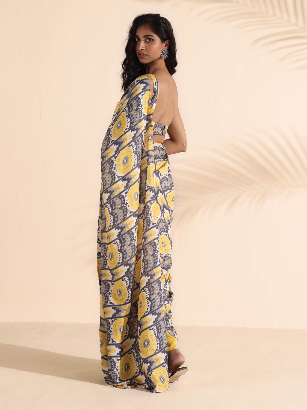 trueBrowns Yellow Muslin Ikat Saree | Grocsy