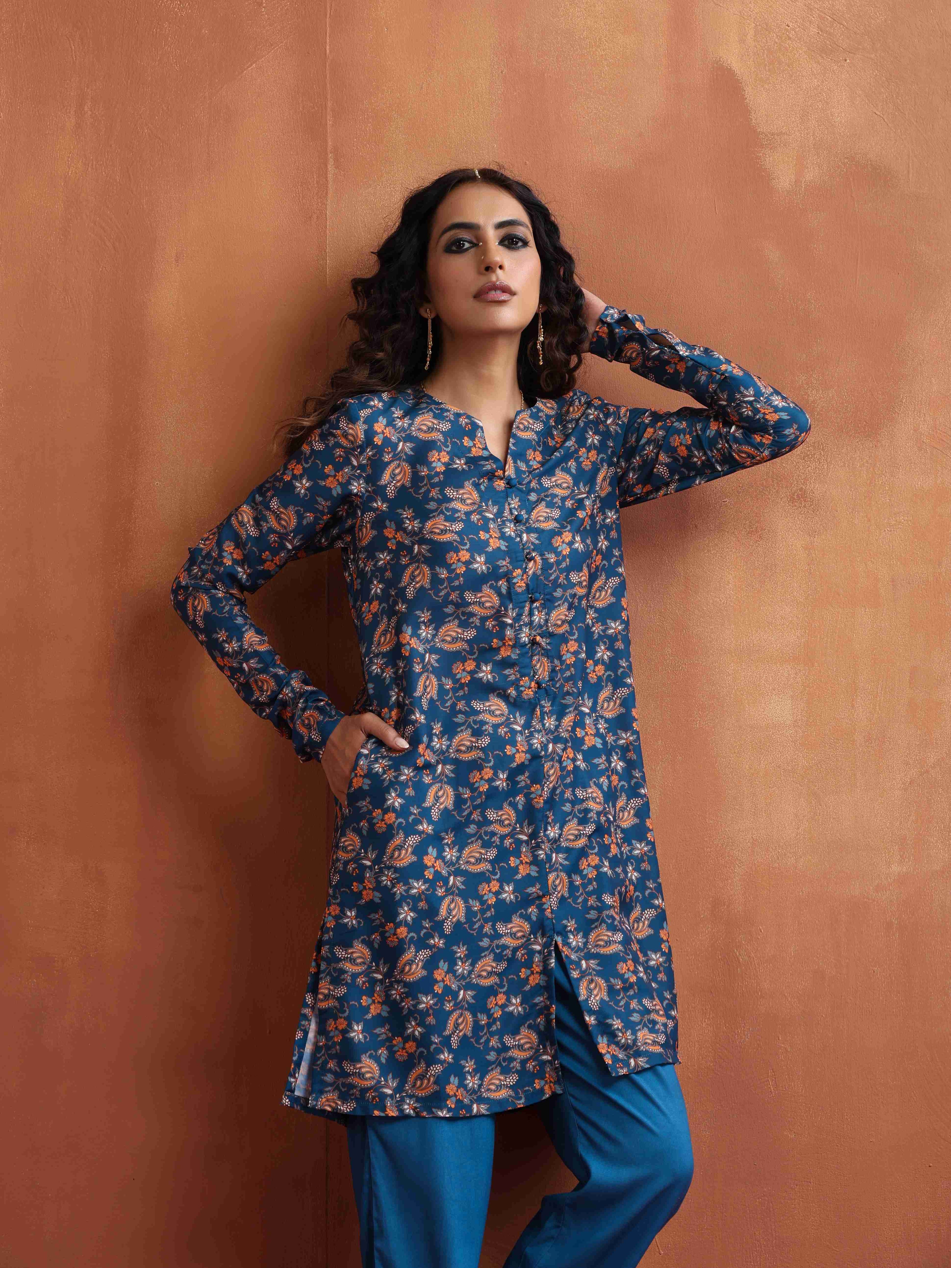 trueBrowns Blue Print Kurta Co-ord Set | Grocsy