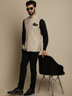 Even Apparels Men's Cream Mandarin Collar Waistcoat | Grocsy