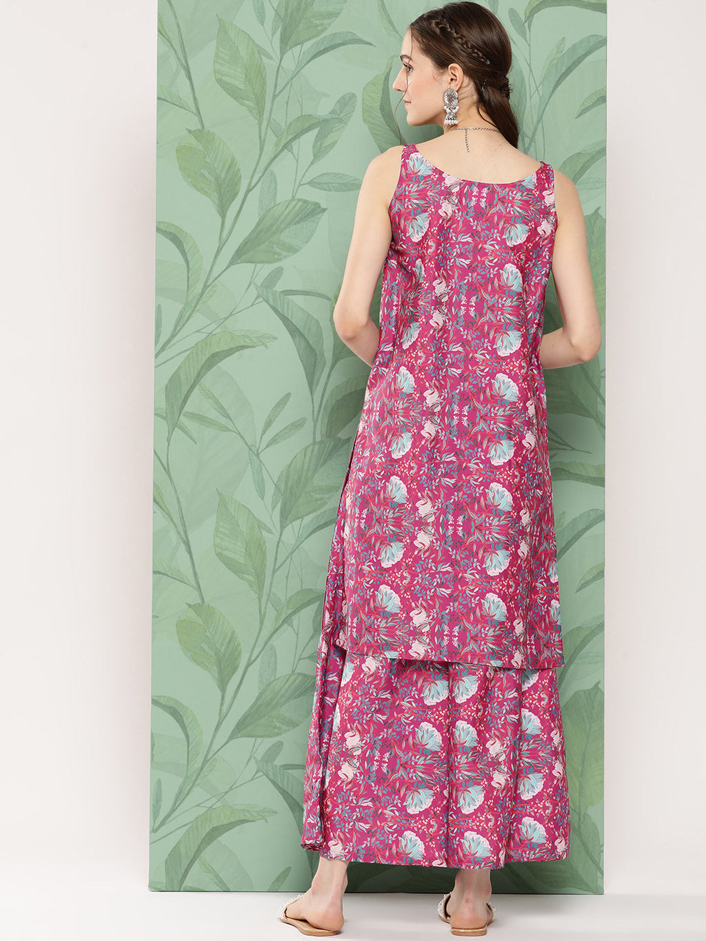 InWeave Women's Magenta Camelia Print Crepe Kurta Set | Grocsy