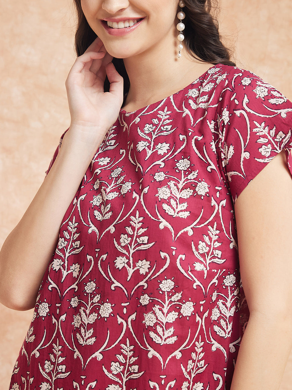 InWeave Women's Wine Cream Floral Print A Line Dress | Grocsy