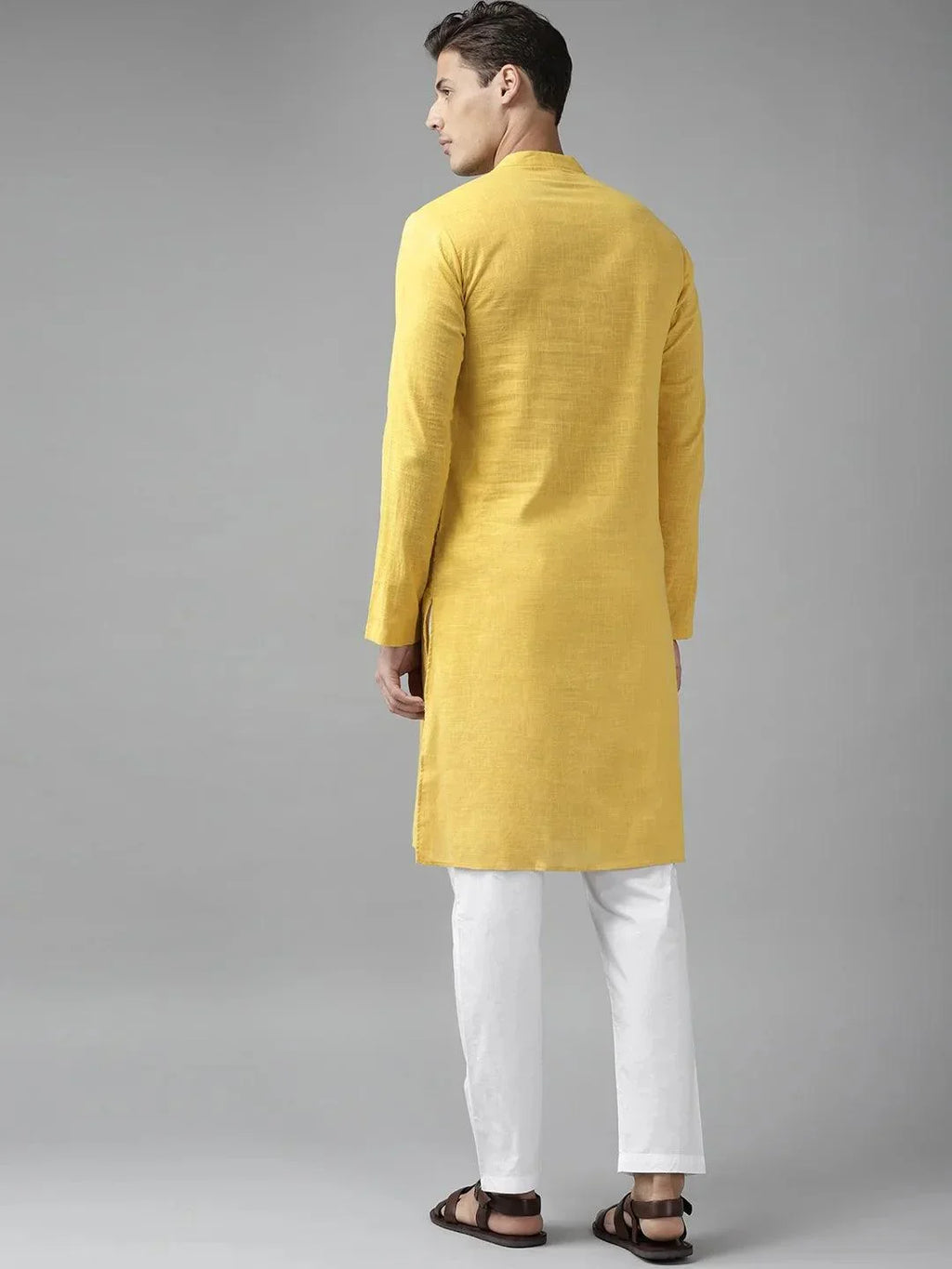 Fabmade Men Yellow Cotton Linen Kurta Pyjama | Grocsy